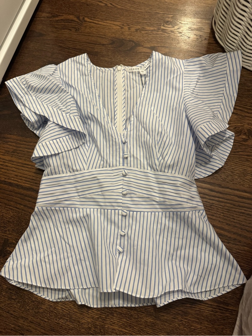 Veronica Beard Light Blue & White Striped Peplum Button-Front Blouse